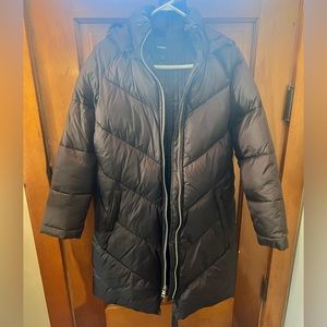 Express long belted puffer coat